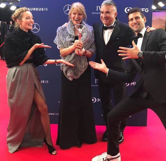 Stefan Djokovic’s mom, Jelena Ristic, and dad, Novak Djokovic, and grandparents.